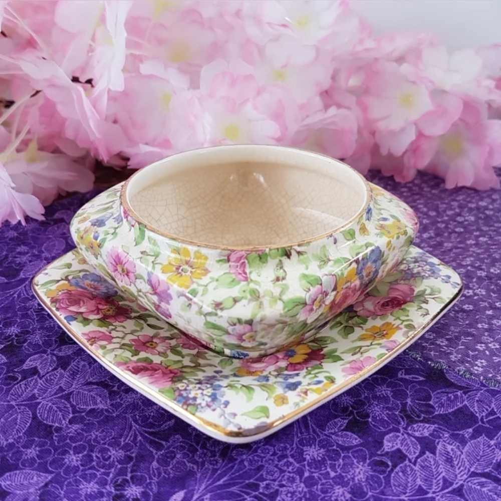Royal Winton Summertime Chintz Jam Pot with Saucer Tea Party Decor